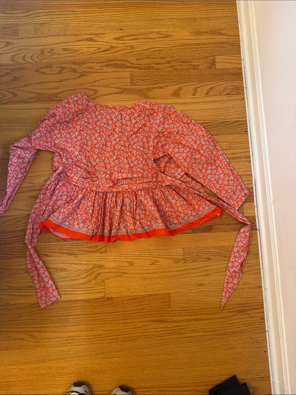 Red Floral Long-Sleeve Peplum Tie-Waist Blouse